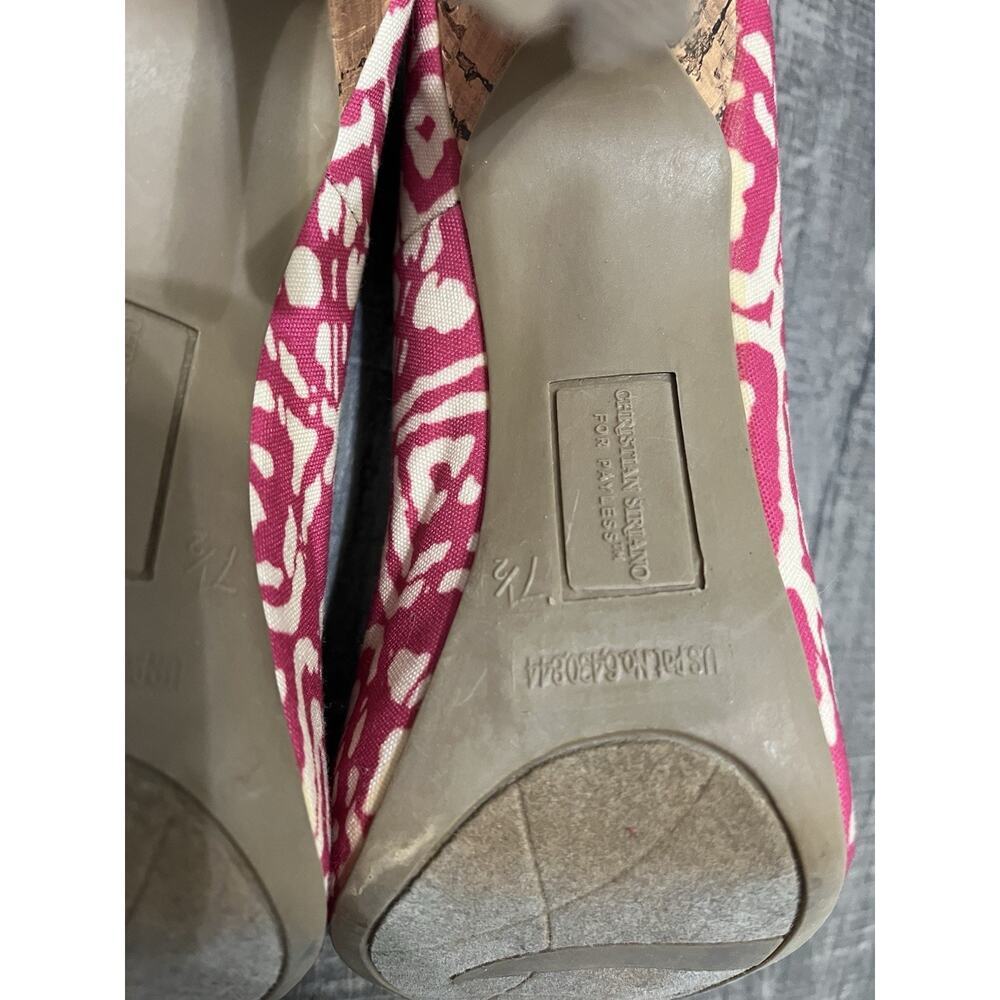 CHRISTIAN SIRIANO Women’s Pink & White Ikat Canvas & Cork Peep Toe Pump Heel 7.5 - Picture 6 of 8